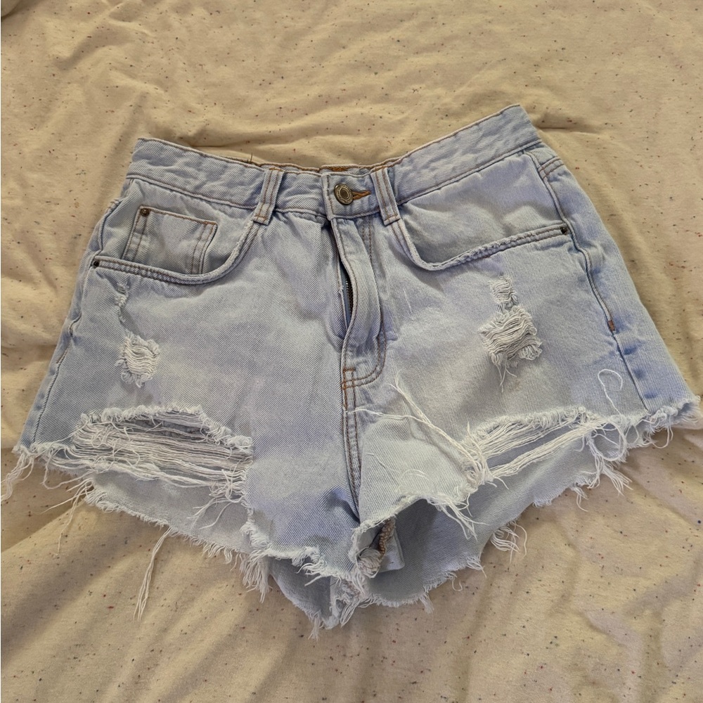 Zara Blue Jean Shorts Distressed High-Waisted